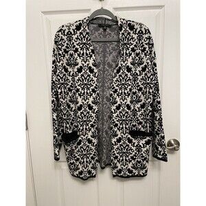 Cyrus Long Open Front Cardigan M Black And White Damask